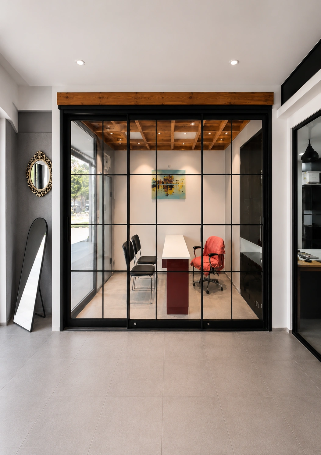 Installed aluminium framed glazed partition